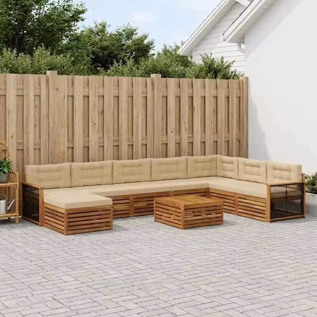 Set di divani da esterno a L vidaXL in legno di acacia oliato, colore beige e marrone, composto da 9 pezzi con cuscini e tavolino da caffè incluso