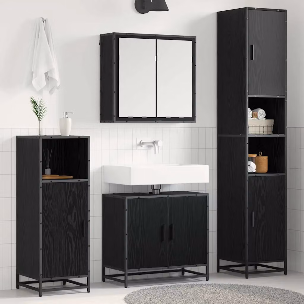 Set di mobili per il bagno moderno vidaXL composto da 4 pezzi in legno e metallo, colore nero e rovere, con illuminazione LED, L/P/H: 65 x 33 x 188,5 cm – 1