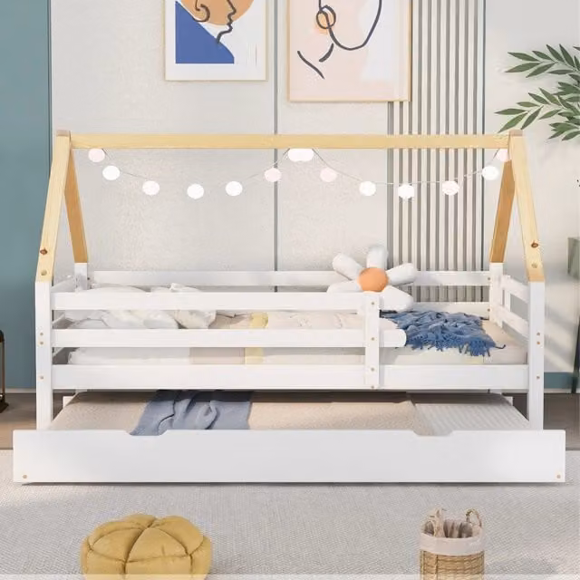 Letto a castello con letto estraibile bianco e naturale in legno massello 90x200 cm