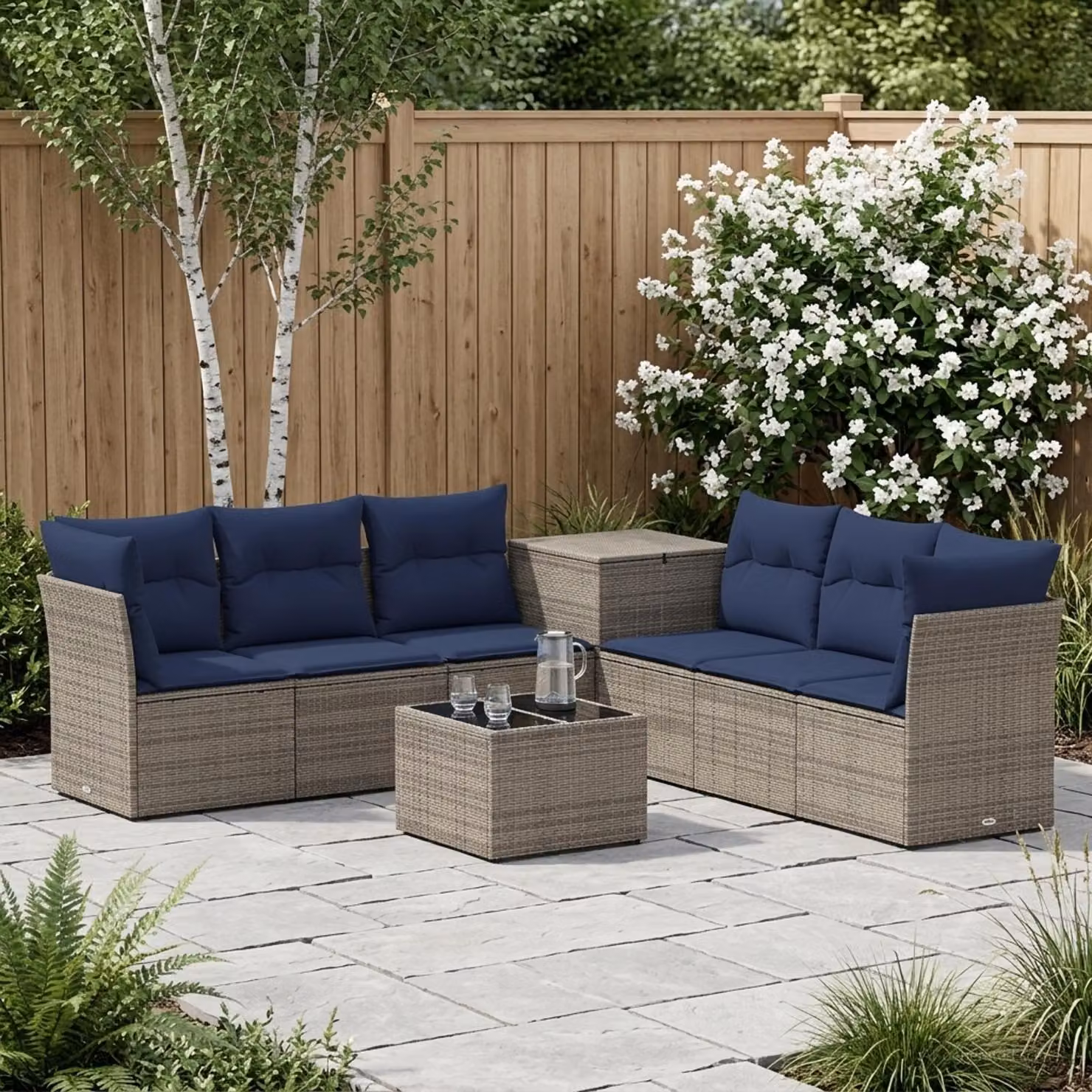 Set di divani da giardino vidaXL a forma di U composto da 8 pezzi in rattan sintetico e acciaio con cuscini inclusi, colore grigio e blu navy