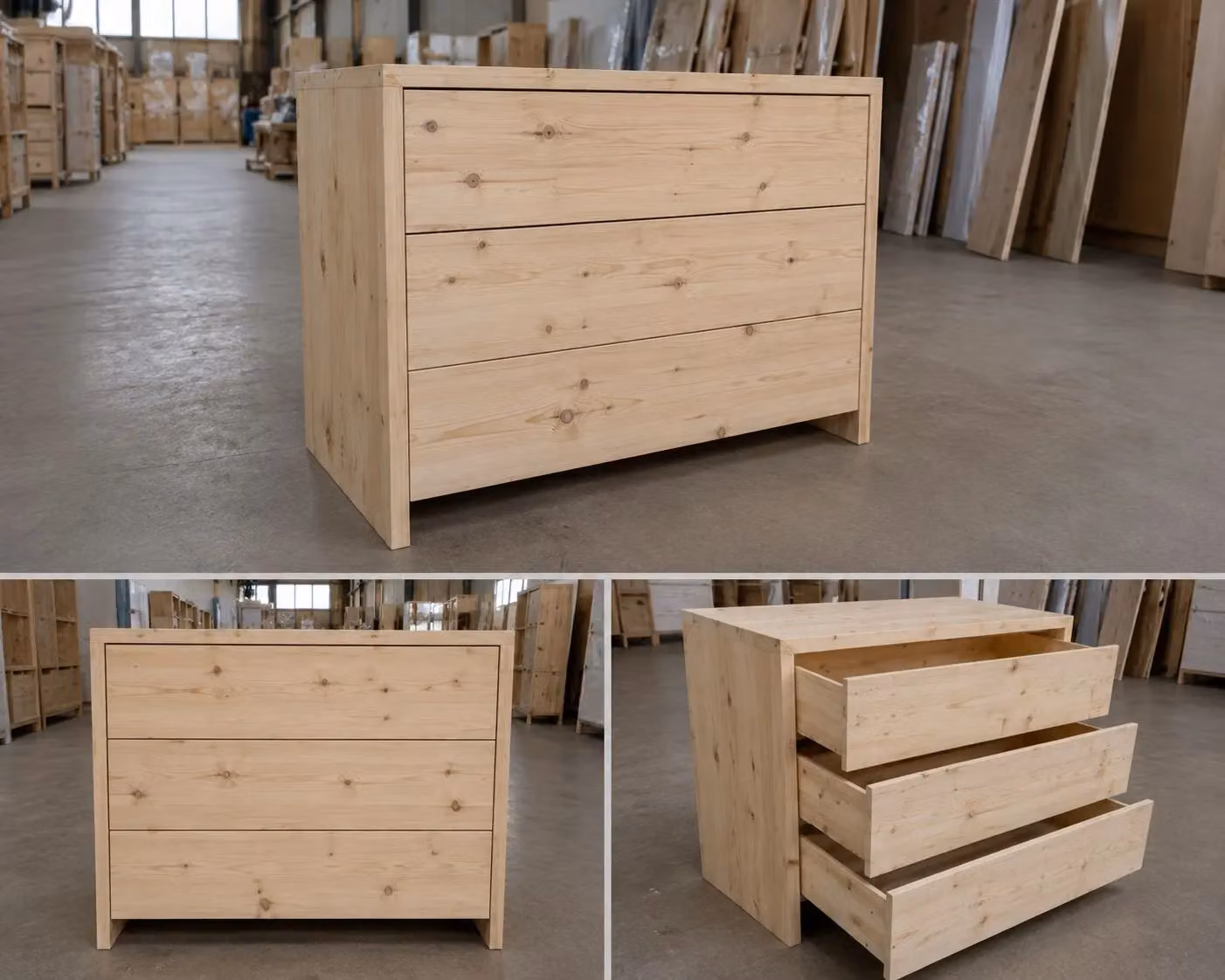 Cassettiera classica con 3 cassetti in legno massello di abete grezzo Mobili 2G L: 120 cm, P: 50 cm, H: 80 cm – 2