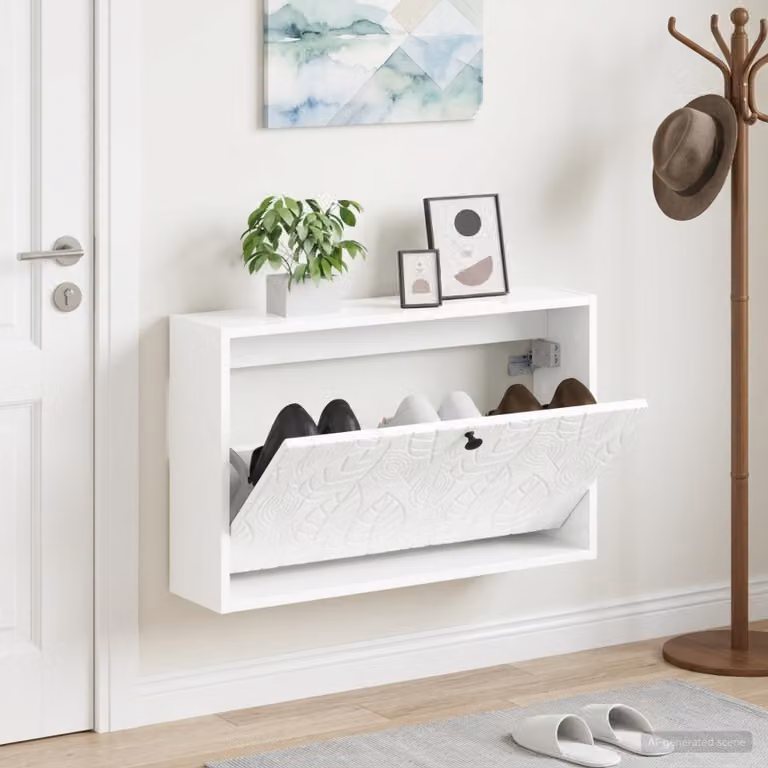vidaXL Mobiletto per Scarpe da Muro DELFT Bianco Lucido L: 71 cm, P: 17 cm, H: 43 cm