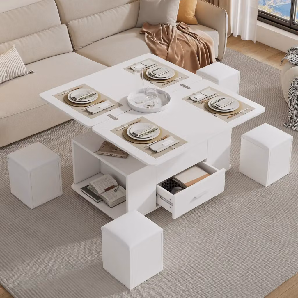 Tavolino da salotto alzabile Chicfurn con 4 sgabelli, vano contenitore e cassetto, colore bianco, L 100 cm x P 50 cm x H 45 cm – 2