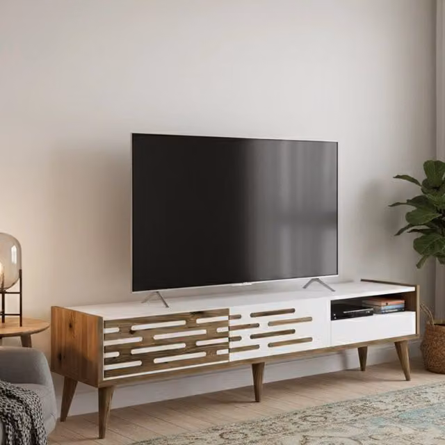 Mobile porta TV DMORA per soggiorno, Credenza moderna in legno e plastica, L: 180 cm, P: 45 cm, H: 35 cm, Bianco – 1