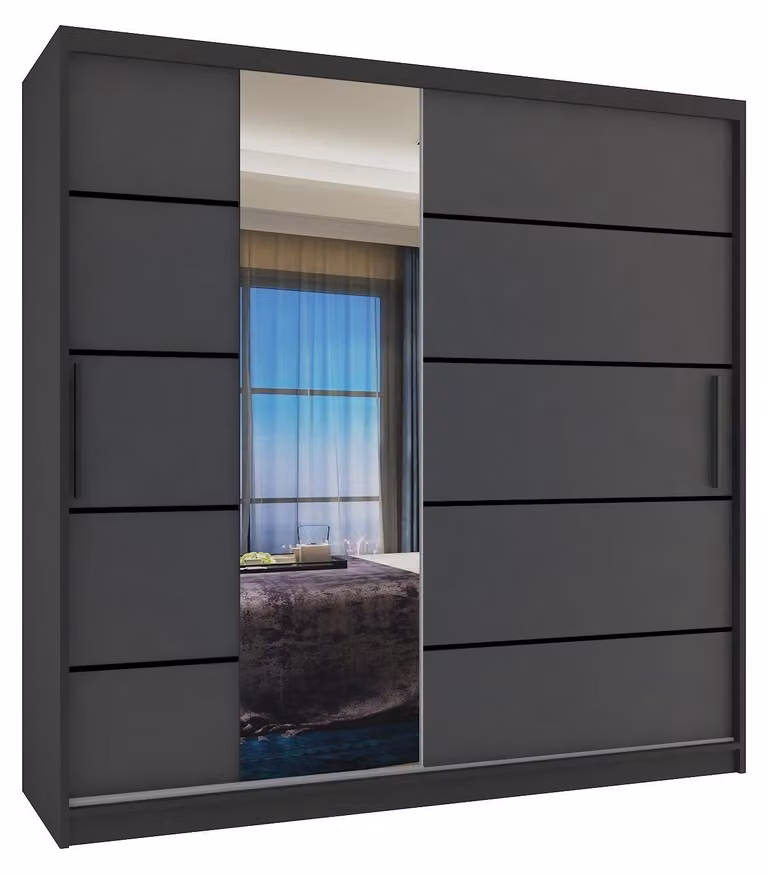 BELINI Verona, armadio scorrevole da 200 cm, nero/grigio opaco - armadio con specchio e 2 cassetti, ideale per la camera da letto