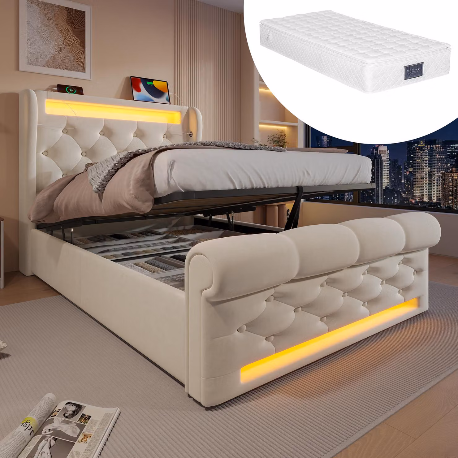 MODFU Letto imbottito con materasso 90x200, letto per bambini con materasso, letto per ragazzi con illuminazione LED e testata contenitore, letto con contenitore, porte USB e Type-C, velluto, beige