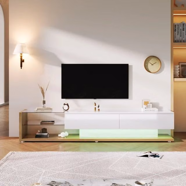 Mobile TV con LED ¨C MINIMAL ¨C Bianco Lucido e Legno, Ante in Vetro