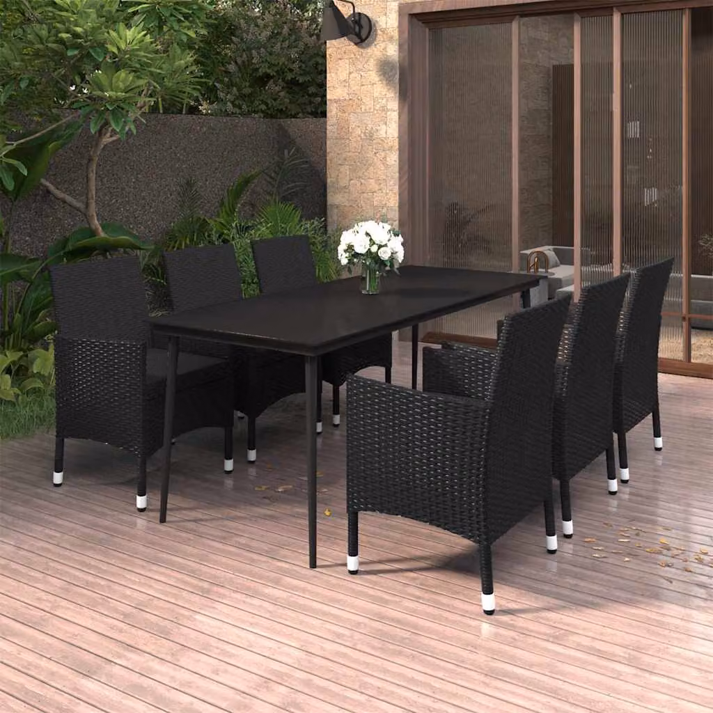 Set da Pranzo per Giardino vidaXL in Polyrattan Nero con Vetro e 7 Cuscini