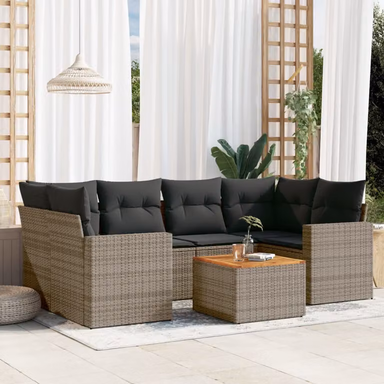 Set di divani da giardino vidaXL in polyrattan grigio con cuscini, tavolo e sedute a forma di L per esterno