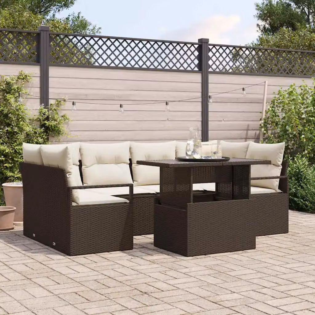 Set Divano da Giardino vidaXL 7 Pezzi in Polyrattan Marrone e Beige con Cuscini e Tavolino da Esterno – 1