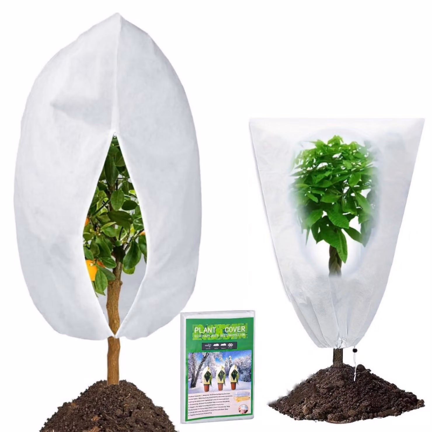 Set di 2 protezioni per piante invernali, dimensioni 60x80 cm e 80x120 cm, realizzate in tessuto non tessuto, con cerniera e cordoncino