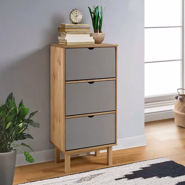 Scarpiera a parete vidaXL in legno di pino stile rustico con ante basculanti e cassetti, Marrone e Grigio, L: 120 cm, P: 35 cm, H: 55 cm