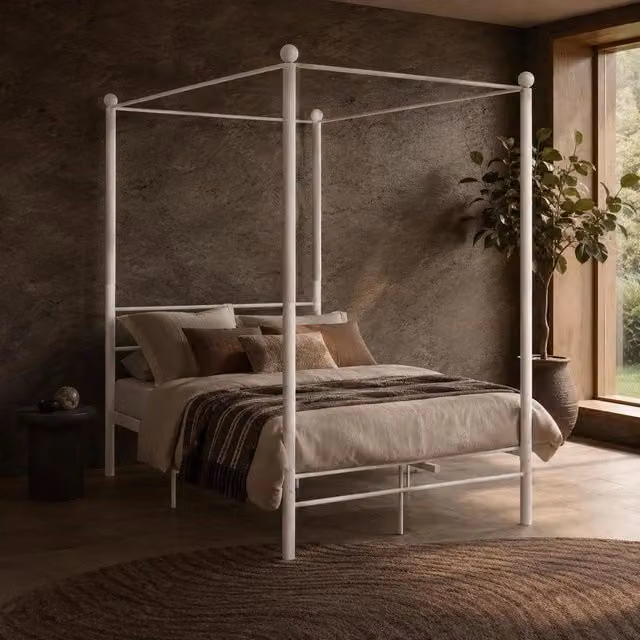 White Metal Four-poster Bed, 140x200 Cm