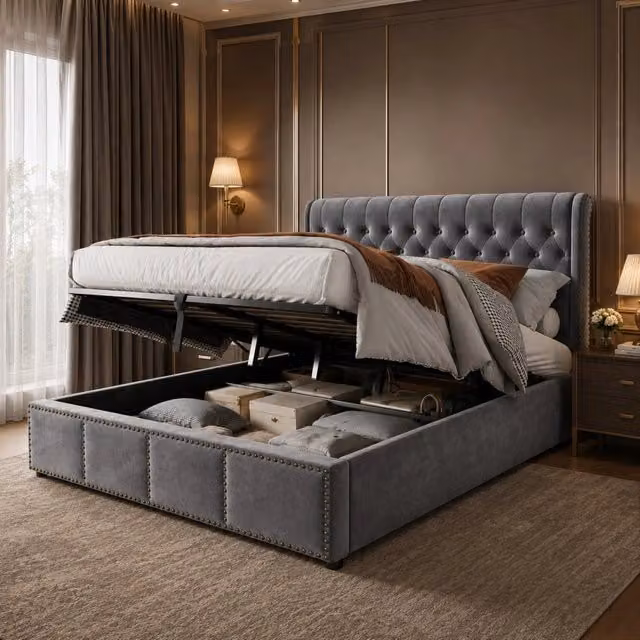 Letto 160x200 cm con contenitore idraulico e rete a doghe in velluto grigio