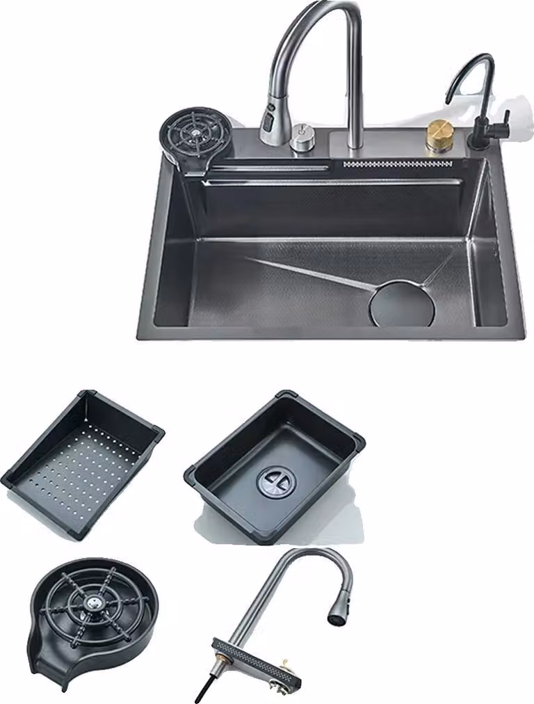 Rubinetto per lavello da cucina, design a doppia vasca, acciaio inossidabile resistente, grigio 60x45 cm-A2