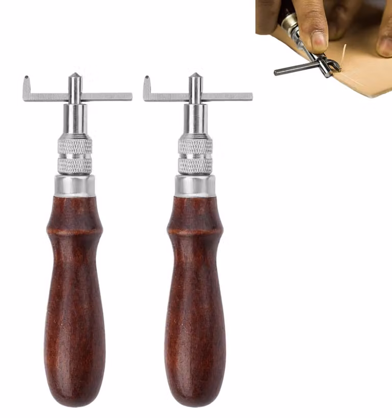 Set di 2 utensili per la lavorazione della pelle, regolabili, con manico in legno, lunghezza 135 mm, ideali per l'artigianato della pelle