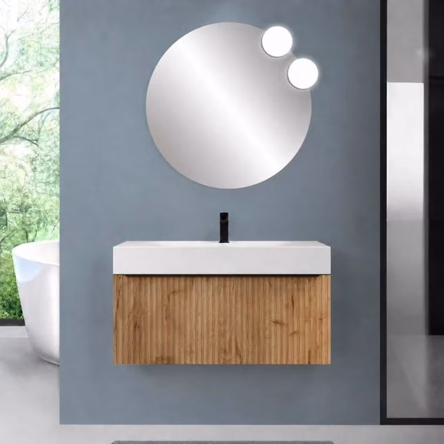 Mobile bagno sospeso 100 cm rovere africa con un cassetto e lavabo alto in resina Nara