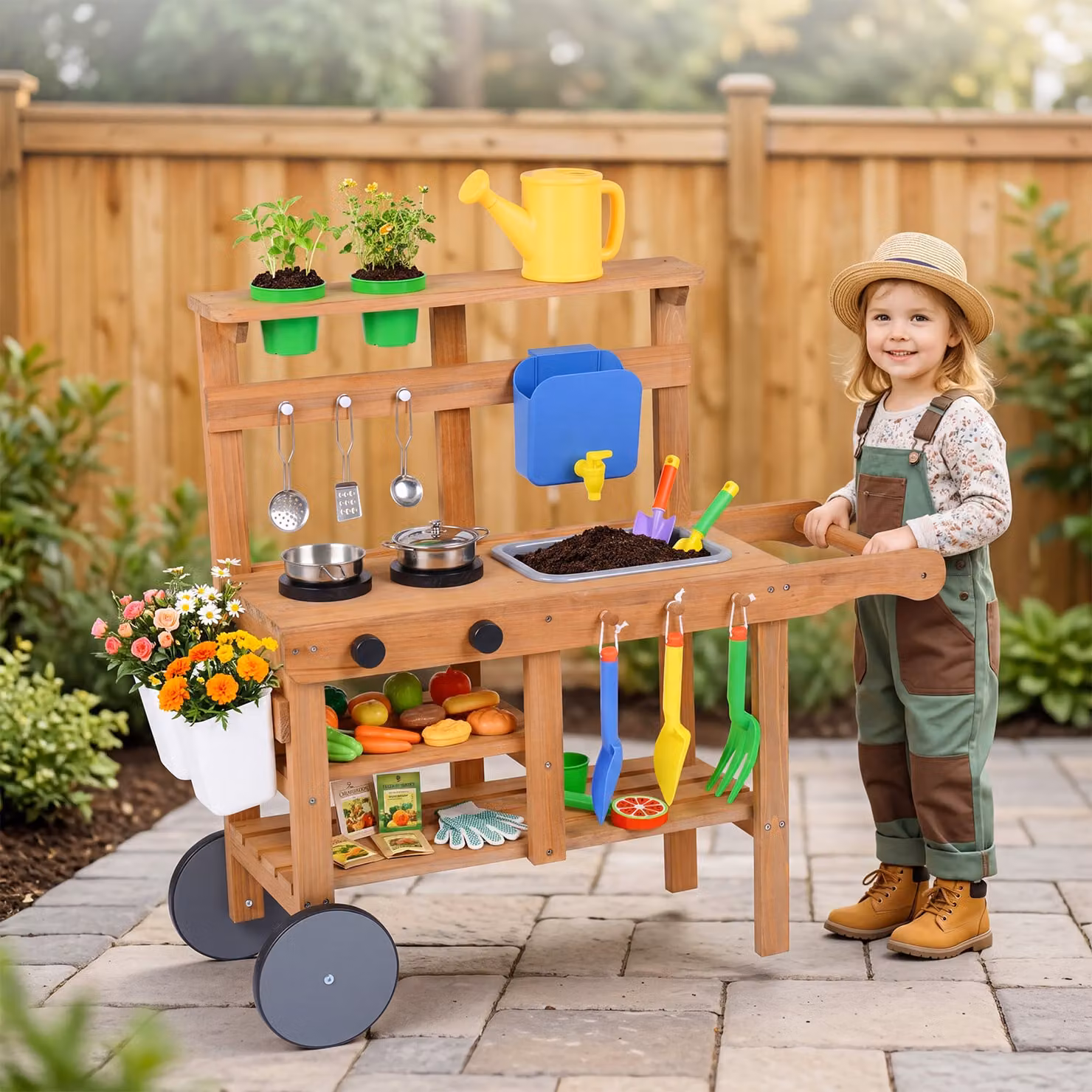Cucina da gioco per bambini Costway in legno marrone con accessori per cucina all'aperto per età superiore a 3 anni