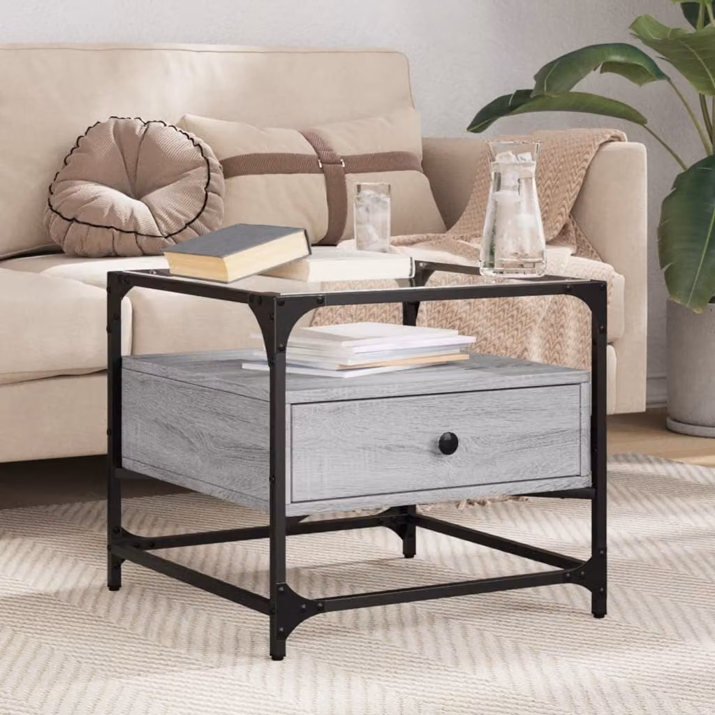 Maison Exclusive - Tavolino con piano in vetro, finitura grigio Sonoma, 50x50x45 cm, struttura in acciaio