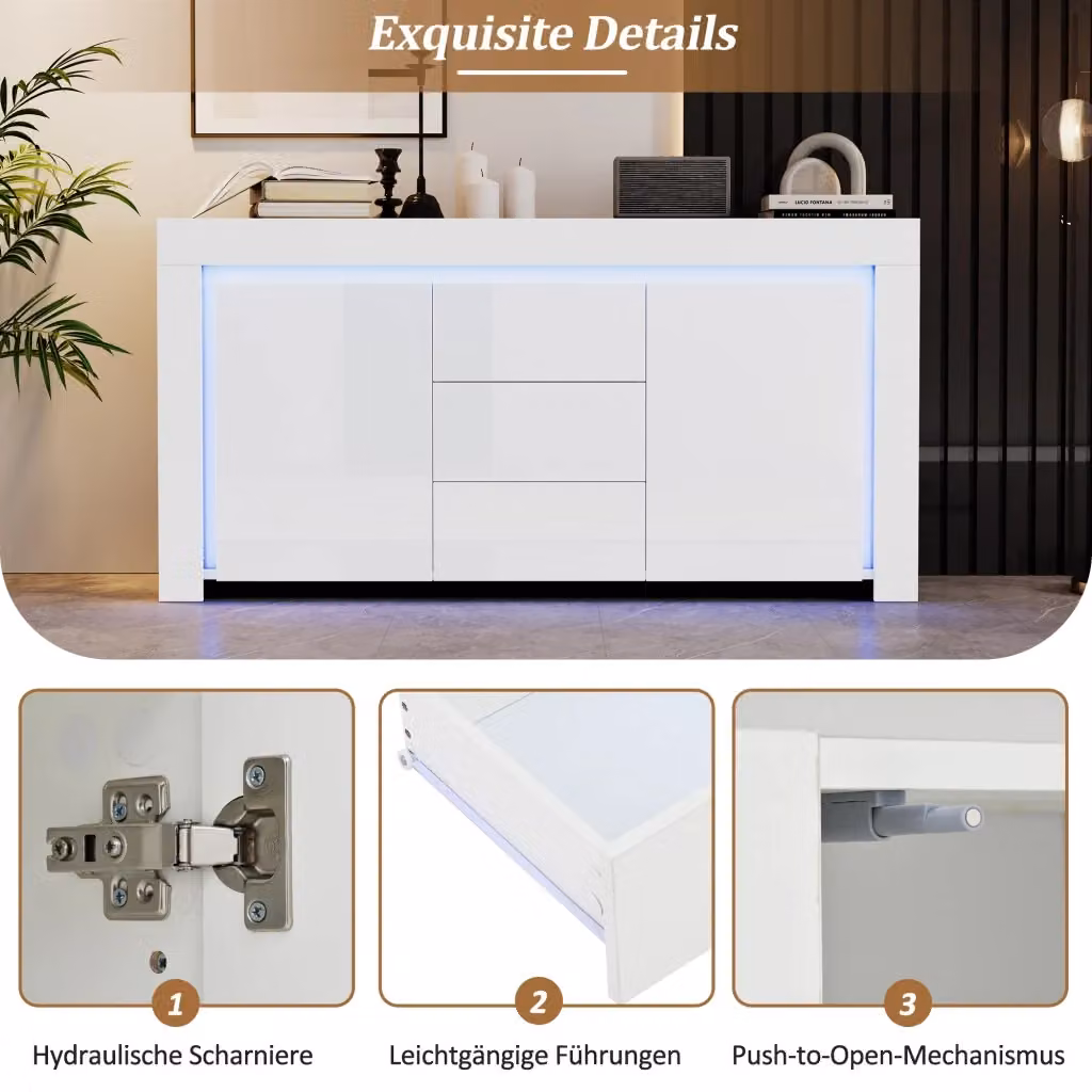 Sideboard REDOM moderno bianco lucido con illuminazione LED, 2 ante e 3 cassetti con chiusura soft-close, L/P/H: 140 x 40 x 65 cm – 2