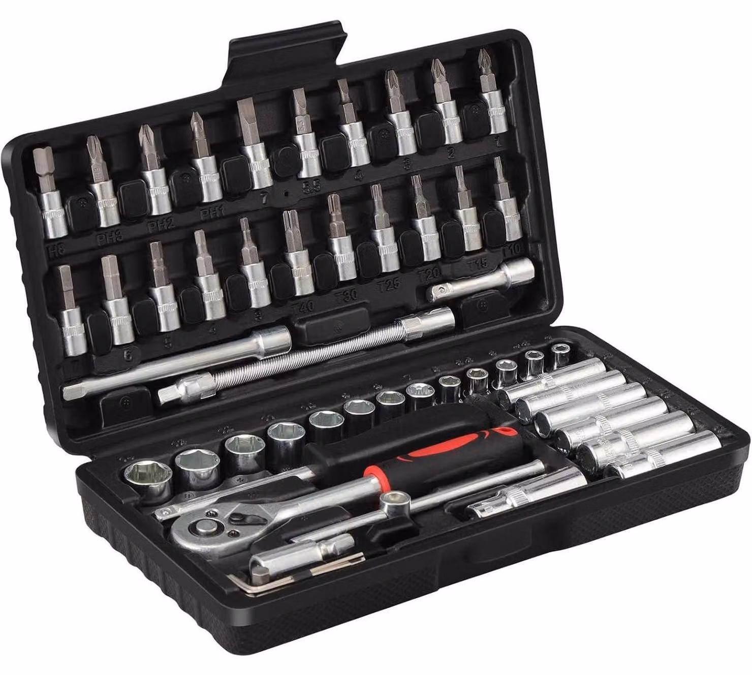 Set di chiavi a cricchetto da 53 pezzi, con inserti Torx, a croce, a fessura e a Esagono, da 1/4 di pollice, in acciaio CR-V, colore nero