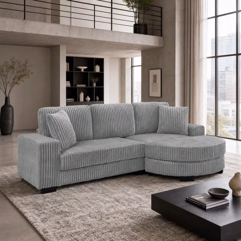 Divano angolare a L MIVRAY in velluto a coste grigio con pouf ovale reversibile e 2 cuscini L/P/H: 256,5 x 89 x 133,5 cm – 2