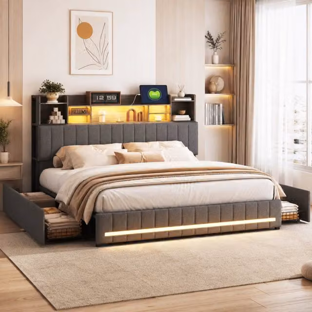 Letto matrimoniale 140x200 cm tessuto grigio, testiera contenitore con USB e USB-C, LED RGB telecomandato, 4 cassetti su ruote