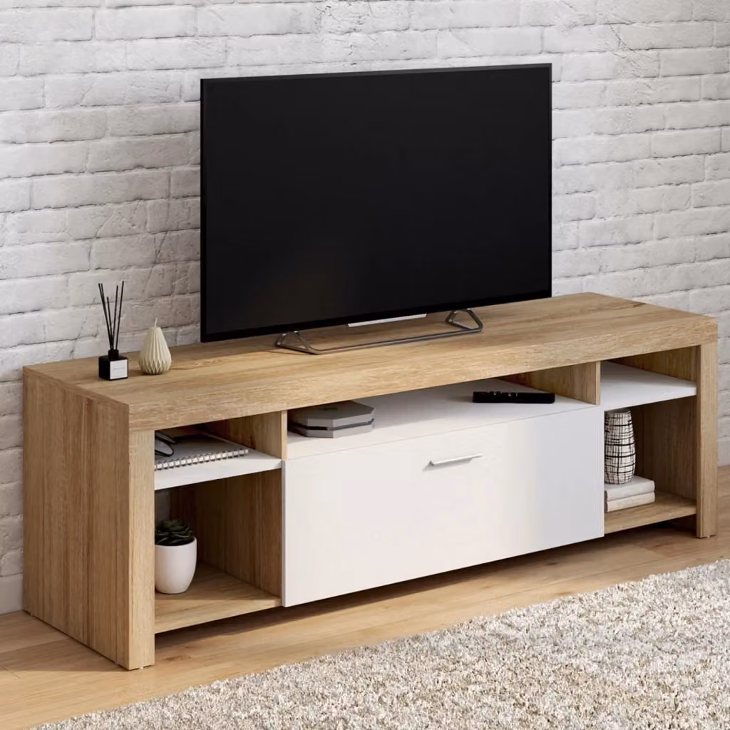 Mobile TV IDMarket MALO moderno in legno e armadietto bianco, L: 140 cm, P: 40 cm, H: 46 cm – 2
