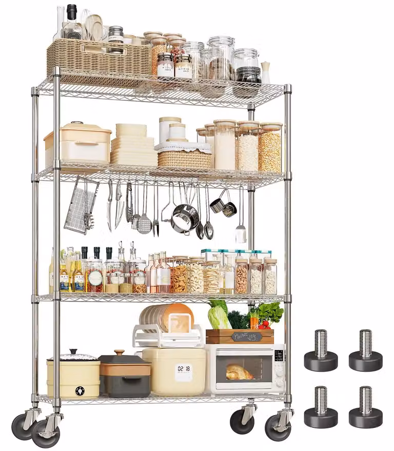 Scaffale metallico con ruote - Scaffale a filo a 4 ripiani - Acciaio portante - Ripiani regolabili - Ideale per cucina, garage, dispensa - Cromato