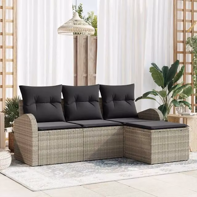 Set di divani da giardino a L vidaXL in rattan e metallo con pouf, colore grigio
