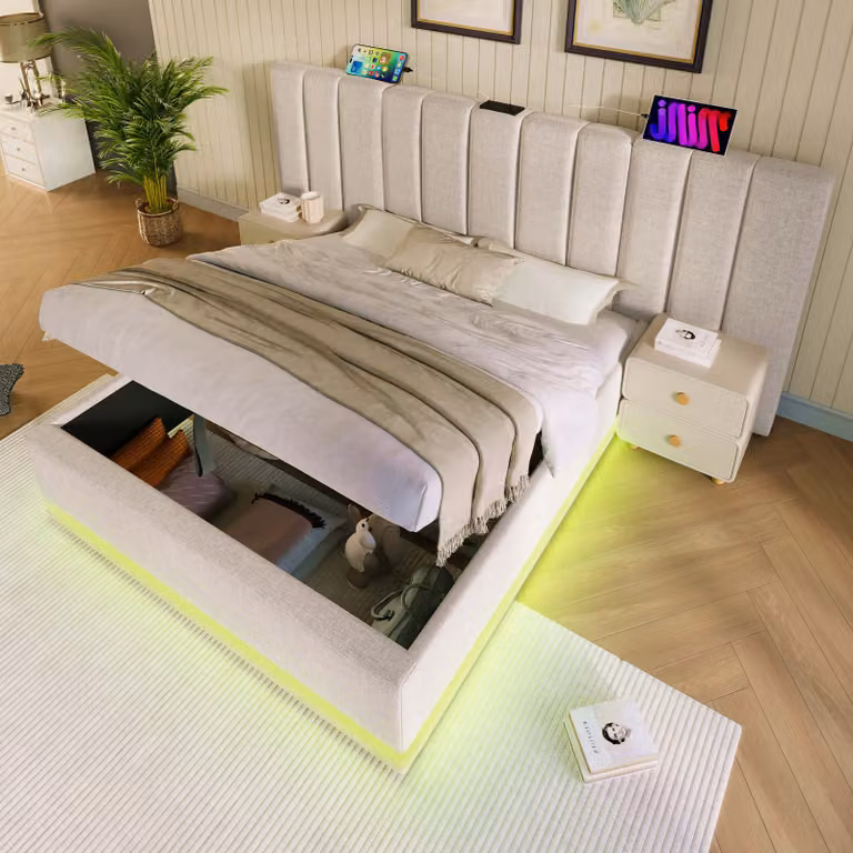 Letto imbottito idraulico Flieks 160x200cm con funzione di carico, letto matrimoniale a molle insacchettate letto giovanile con LED, letto contenitore con rete a doghe, lino, beige