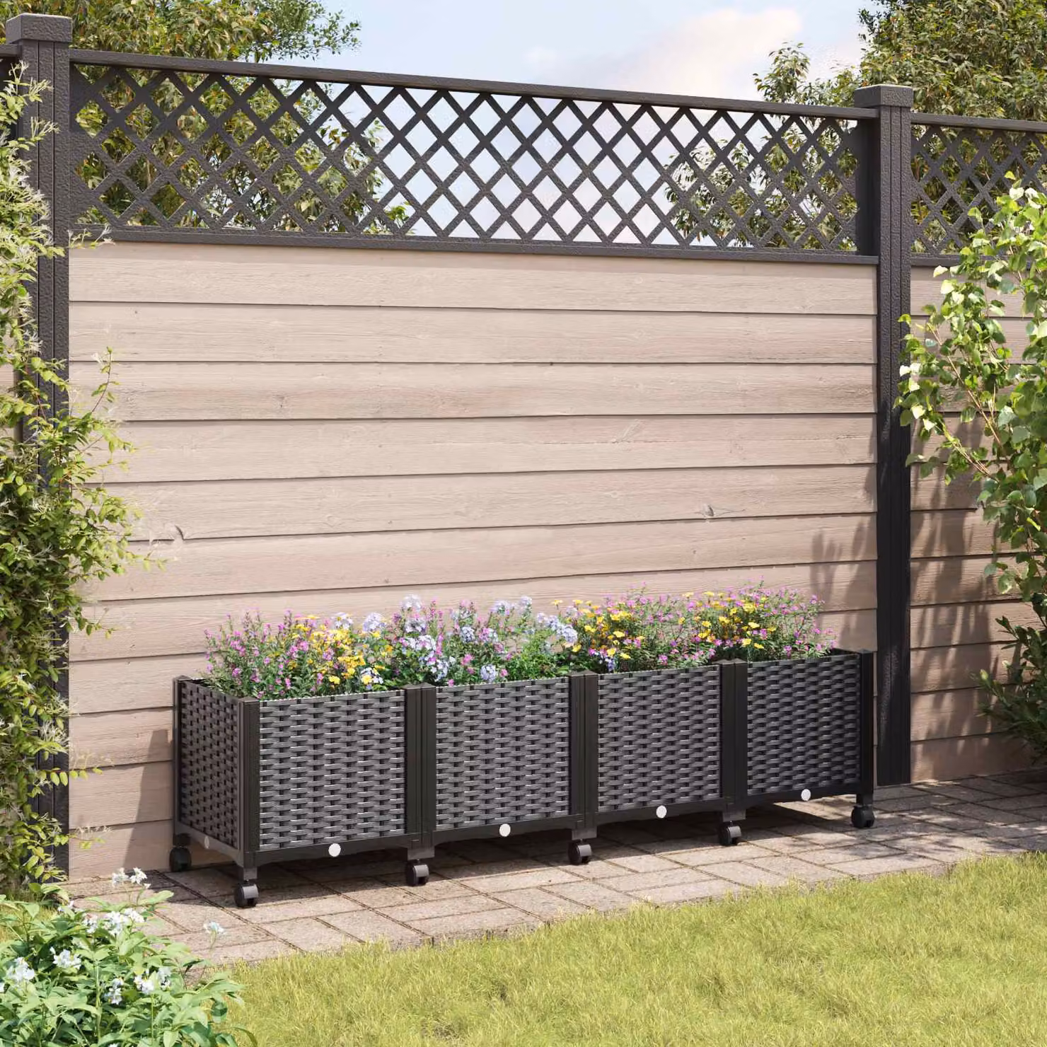 Vaso da giardino con ruote vidaXL in plastica nero L: 160 cm, P: 40 cm, H: 44 cm