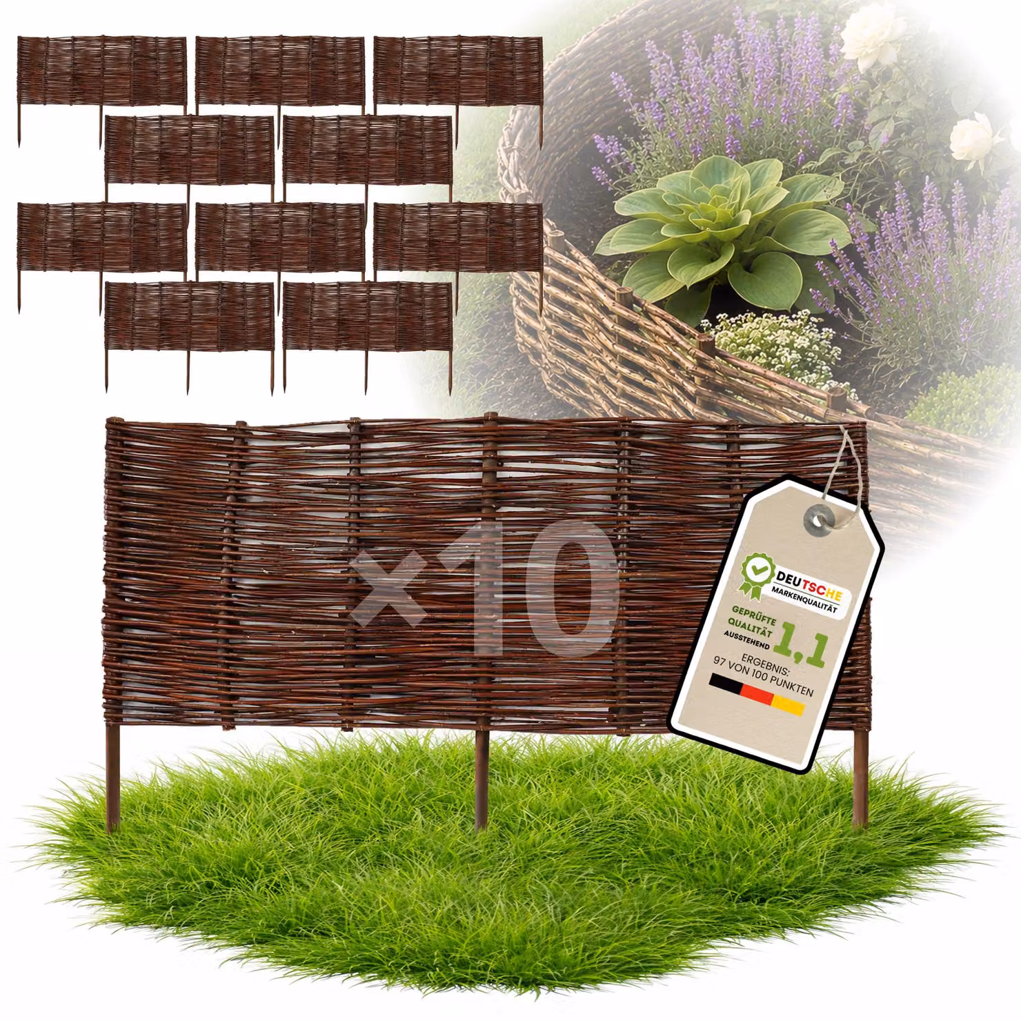 Floranica 10 pezzi Recinzione in vimini 30 cm x 100 cm – Staccionata da giardino intrecciata Palizzata Recinzione naturale Bordo aiuola