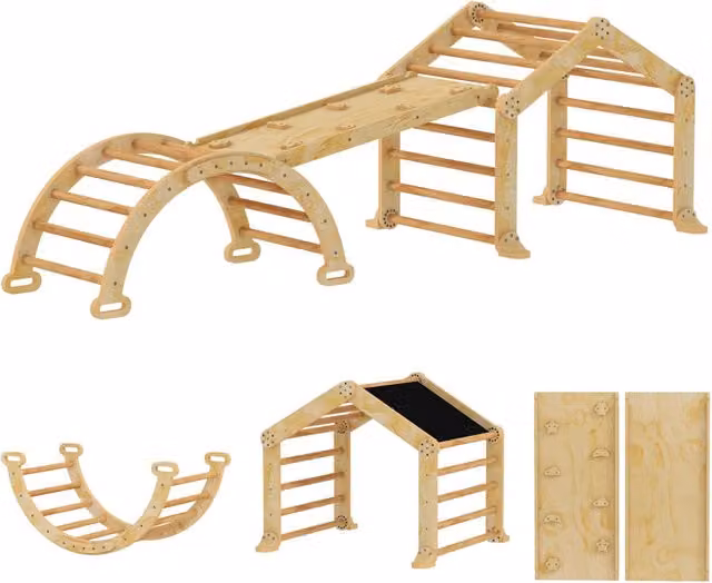 Casetta da gioco Minimal con scivolo e rampa in legno naturale beige e marrone