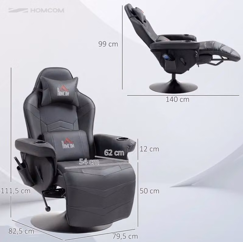 Poltrona da gaming nera in ecopelle con poggiatesta, braccioli e base girevole a 360 gradi per adulti – 2