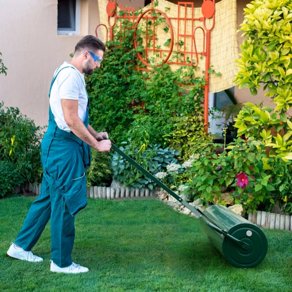 Rullo compattatore per prato in metallo verde con gancio per traino e impugnatura staccabile – 2