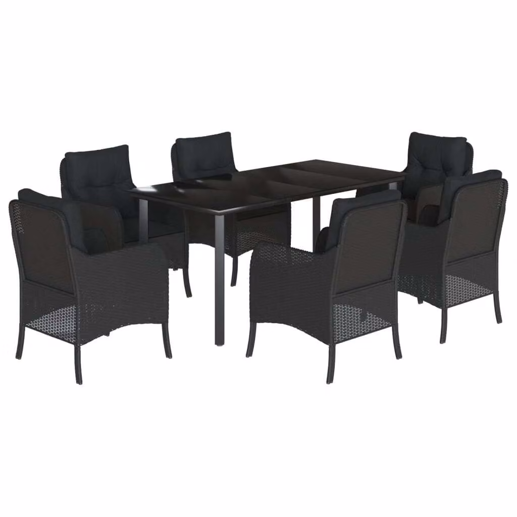 Set da Pranzo da Giardino 7 pz Nero con Cuscini in Polyrattan