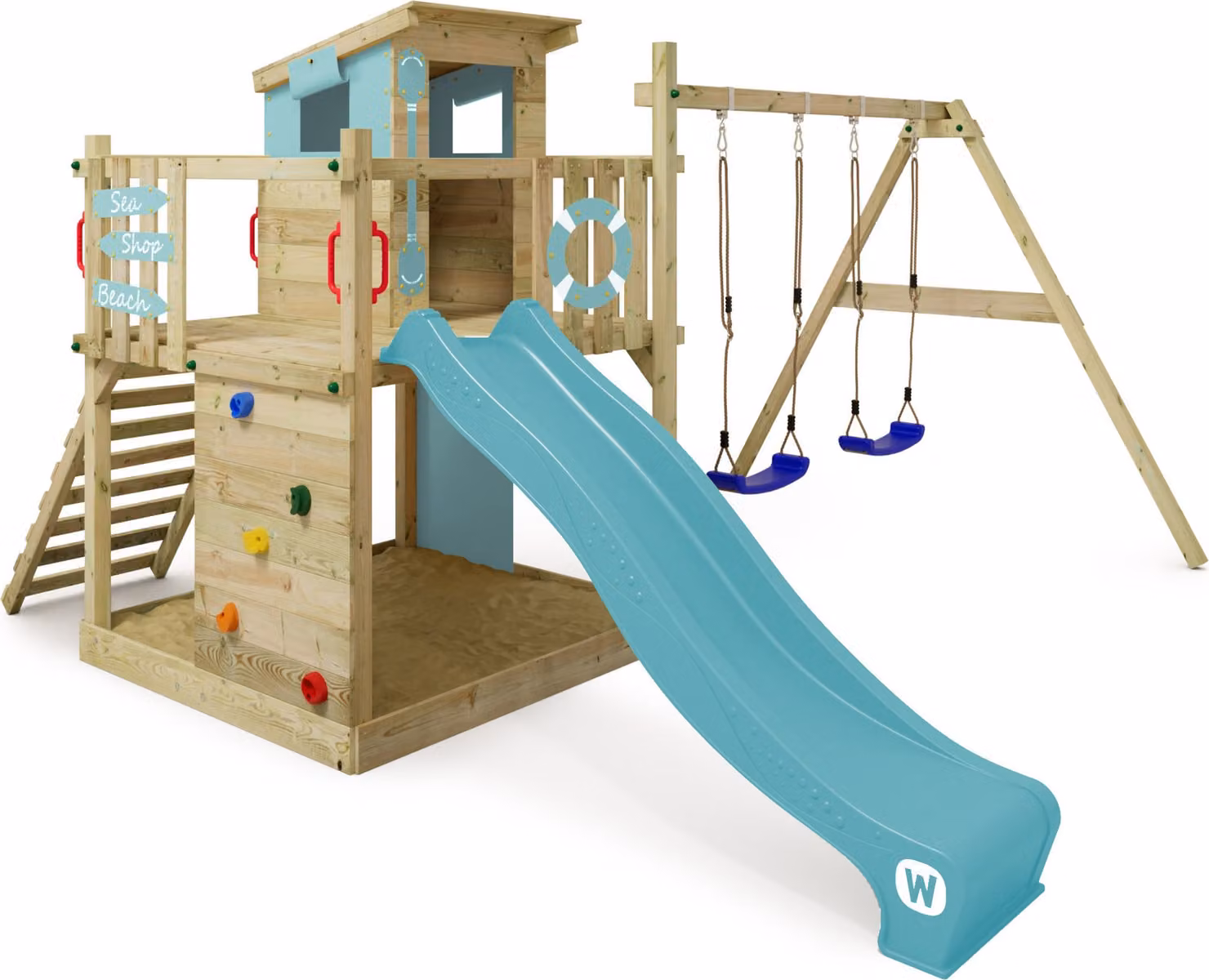 Torre giochi Wickey Smart Camp con casetta e altalena, colore azzurro cielo