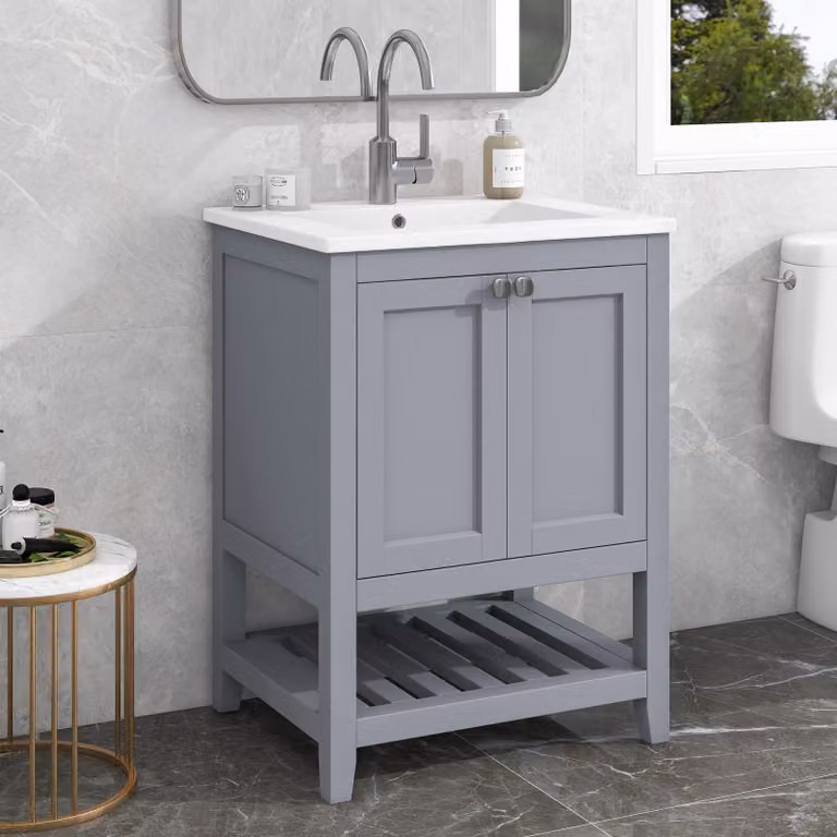 Mobili da bagno Sweiko Lavabo singolo con mobiletto 60cm con lavabo in Vetroceramica, grigio chiaro