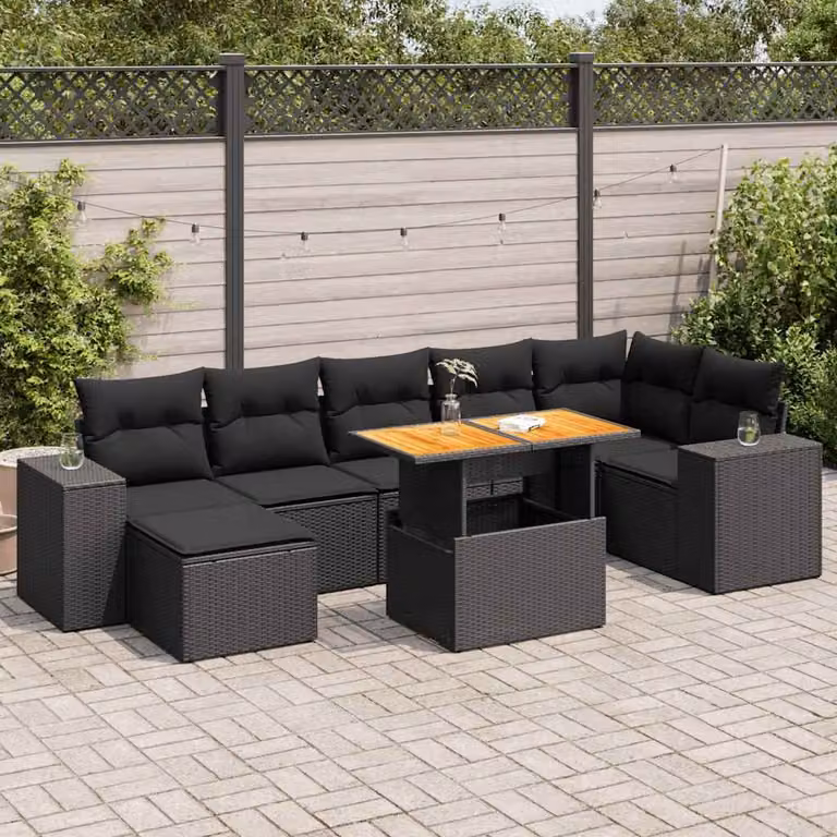 Set Divani da Giardino vidaXL in Polyrattan Nero con Cuscini e Tavolino da Esterno 8 pz