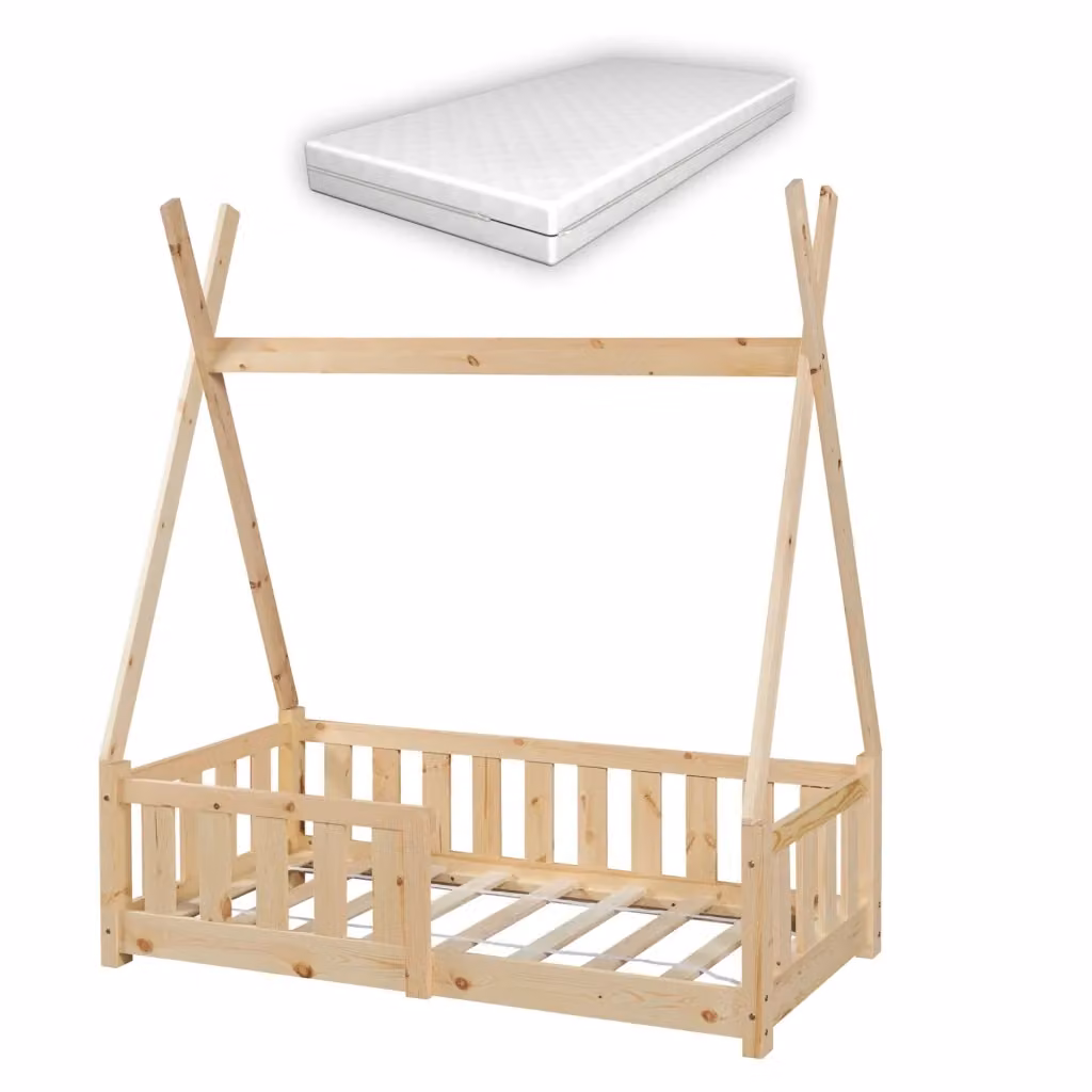 Letto a capanna Helsingborg en.casa in legno di pino naturale con sponde e materasso per bambini L/P: 140 x 70 cm – 2