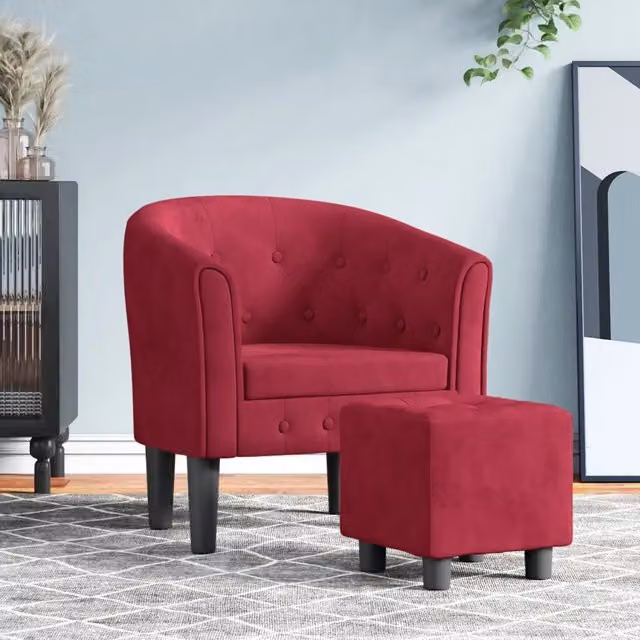 Poltrona con Poggiapiedi vidaXL in Velluto Rosso con Struttura in Legno e Schiuma