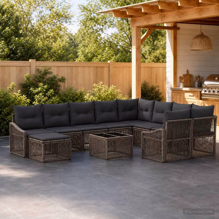 Set Divano da Giardino vidaXL 11 pz Grigio in Polyrattan con Cuscini e Tavolino