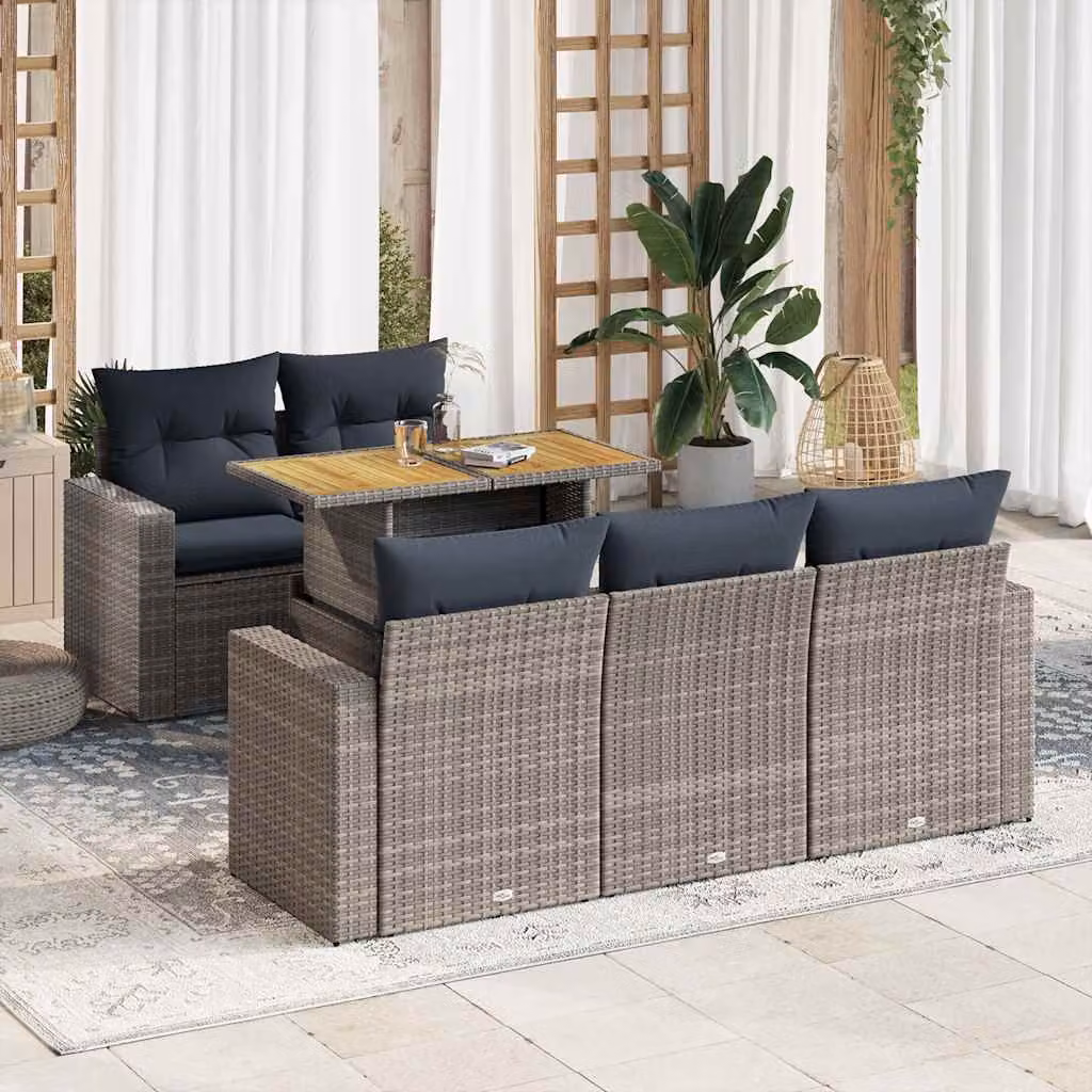 Set Divano da Giardino vidaXL 6 pz in Polyrattan e Legno di Acacia Oliato con Cuscini Grigio e Blu