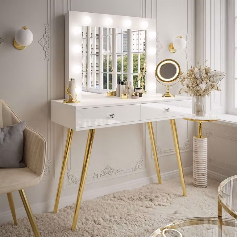 Comodino SIENNA GOLD con cassetti su gambe dorate Cromo oro / Bianco lucido Maniglia: cristallo bianco