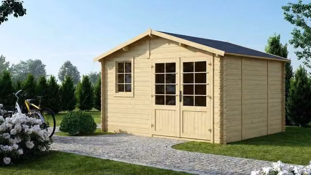Casetta da giardino in legno ALTANKA modello DOM710 colore naturale beige marrone L/P: 4 x 3 m Altezza: 251 cm Spessore pareti: 28 mm – 1