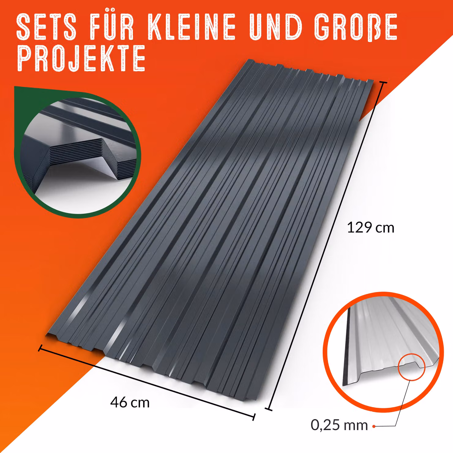 Set di 24 lamiere trapezoidali in acciaio zincato GARDEBRUK, colore antracite, L: 129 cm, P: 46 cm, copertura totale 14 m² – 4