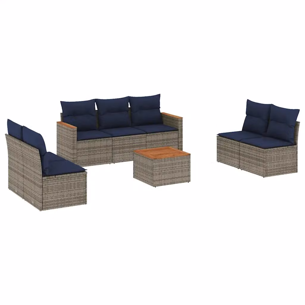 Set da giardino vidaXL a forma di U composto da 8 pezzi con divani da esterno, tavolino da caffè e cuscini grigi e blu in rattan e metallo – 2