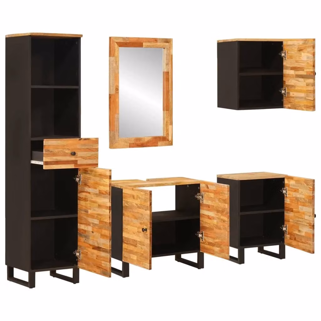 Set da bagno componibile vidaXL in legno di mango marrone con armadietto a muro e mobile alto – 2