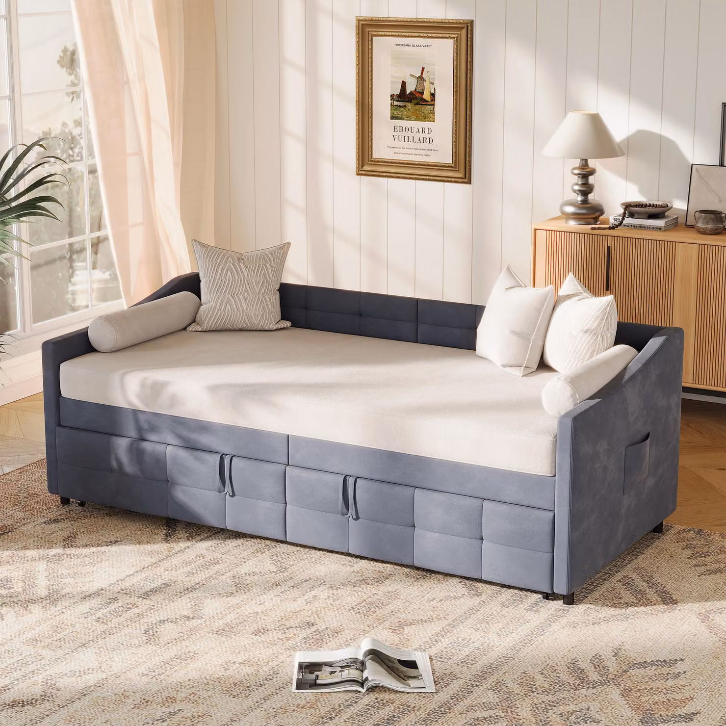 Divano letto allungabile ProximaX 90×200 cm in grigio, tessuto vellutato, con molla a gas - divano e letto in uno, ideale per le camere degli ospiti